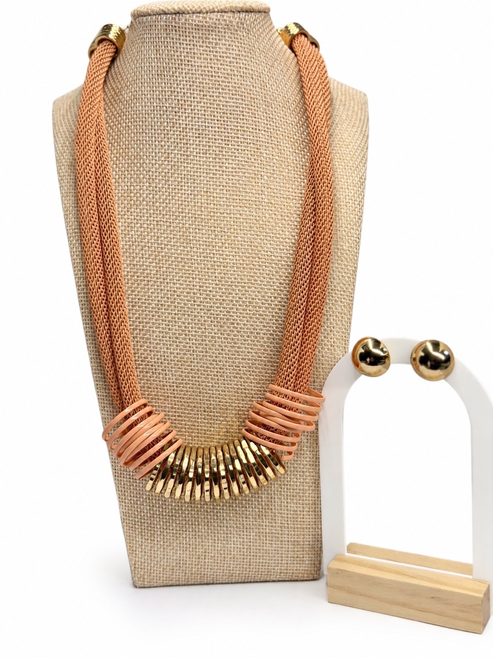 Gold Accent Peach Multi-Strand Necklace, signed MIKA, with Gold Ball Earrings.